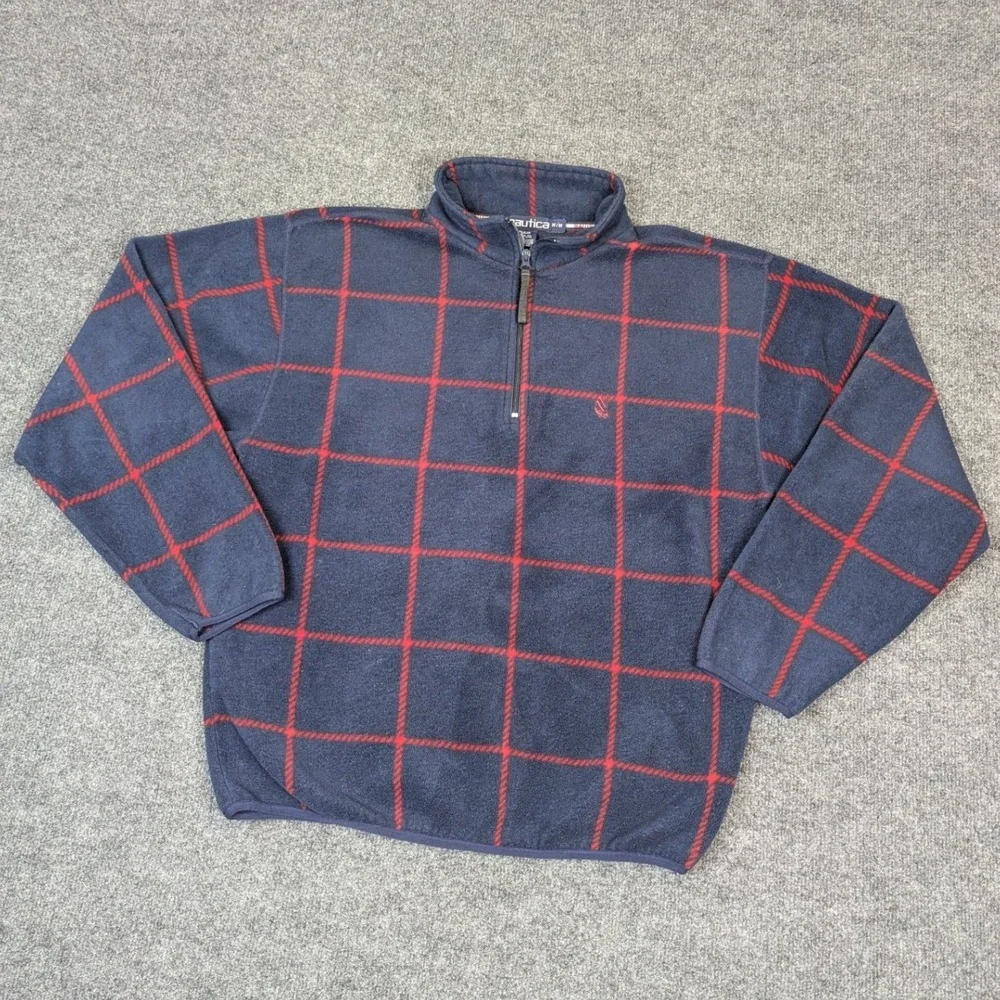 Nautica Mens Medium Fleece Quarter Zip Pullover Navy Blue Red Windowpane Plaid